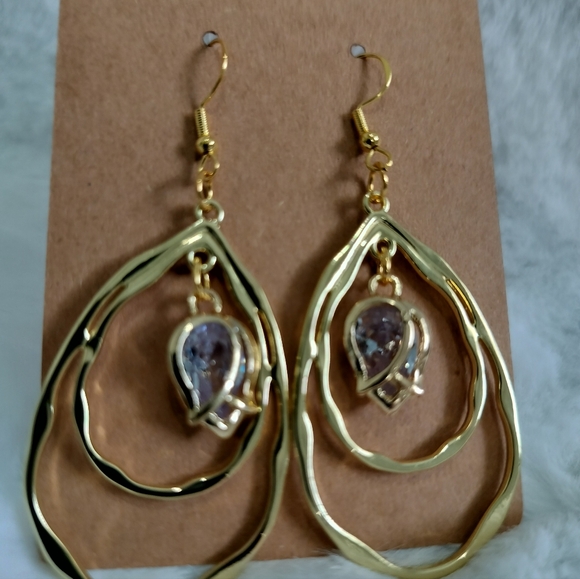 Gold Water Drop With. Clear Zirconia Tulip shape Pendant - Picture 3 of 7